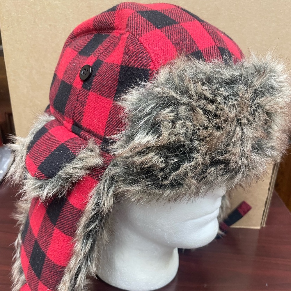 Wild Wear Unisex Black & Red Plaid Faux Fur Winter Ear Flaps Trapper Hat OSFM